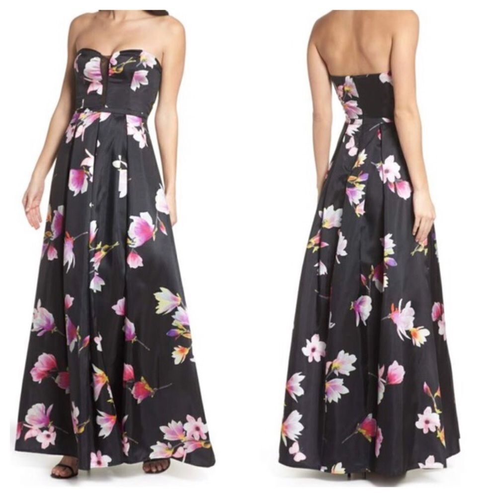 Sequin Hearts Strapless Black & Floral Gown Size 3